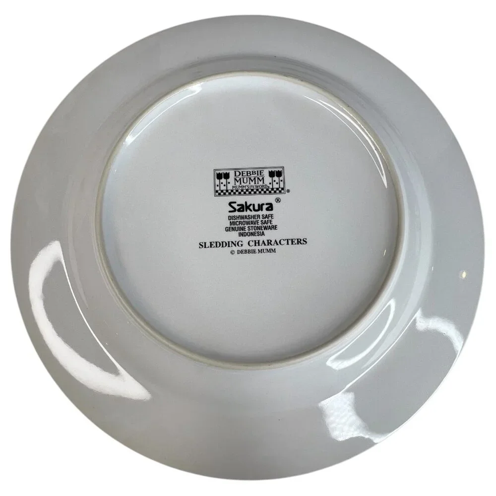 Set Of 4 Sakura Debbie Mumm Sledding Characters Ceramic Salad Plates 8.25 Skiing